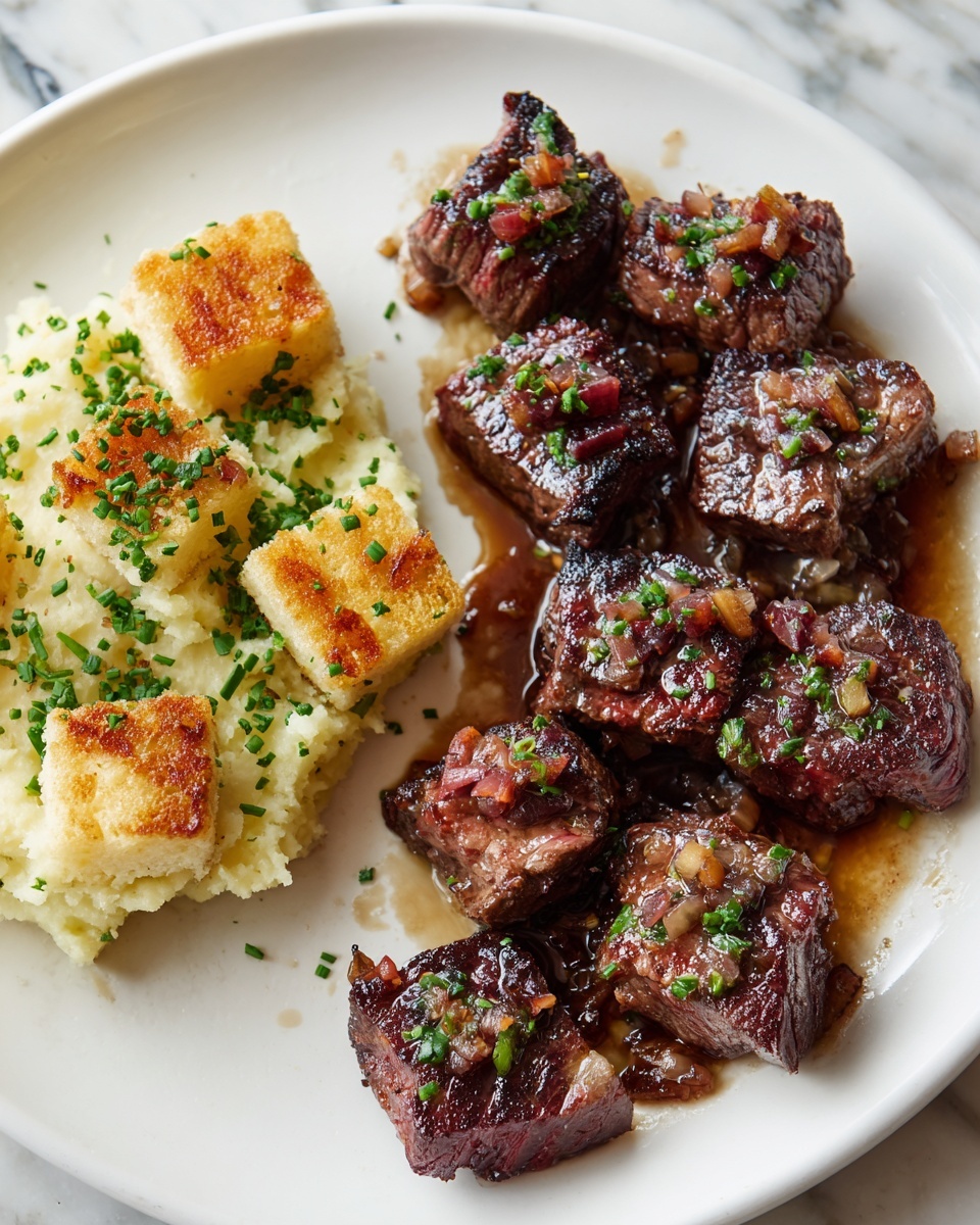 Garlic Butter Steak Bites with Cheesy Smashed Potatoes Recipe - Recipe Image