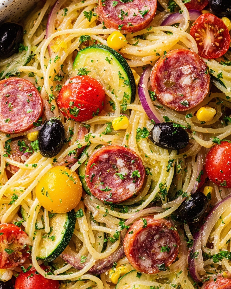 Spaghetti Salad with Fresh Vegetables, Salami, and Parmesan Recipe - Recipe Image