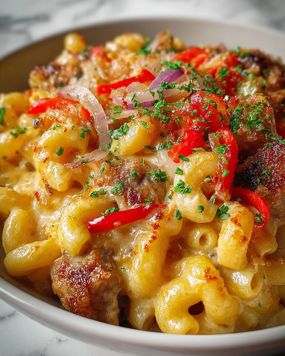 Easy Sausage Mac and Cheese with Peppers and Onions Recipe - Recipe Image