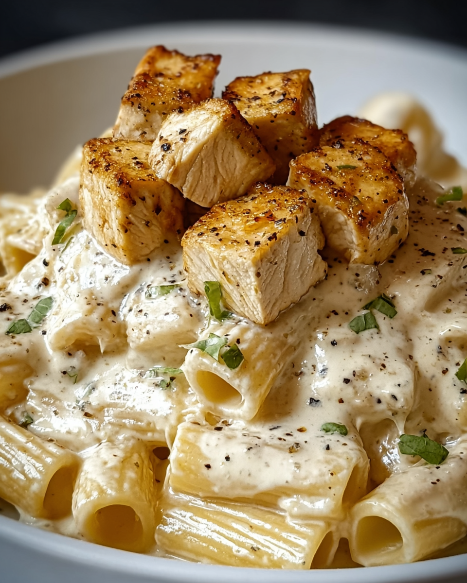 Creamy Garlic Butter Chicken and Rigatoni in Parmesan Sauce Recipe - Recipe Image