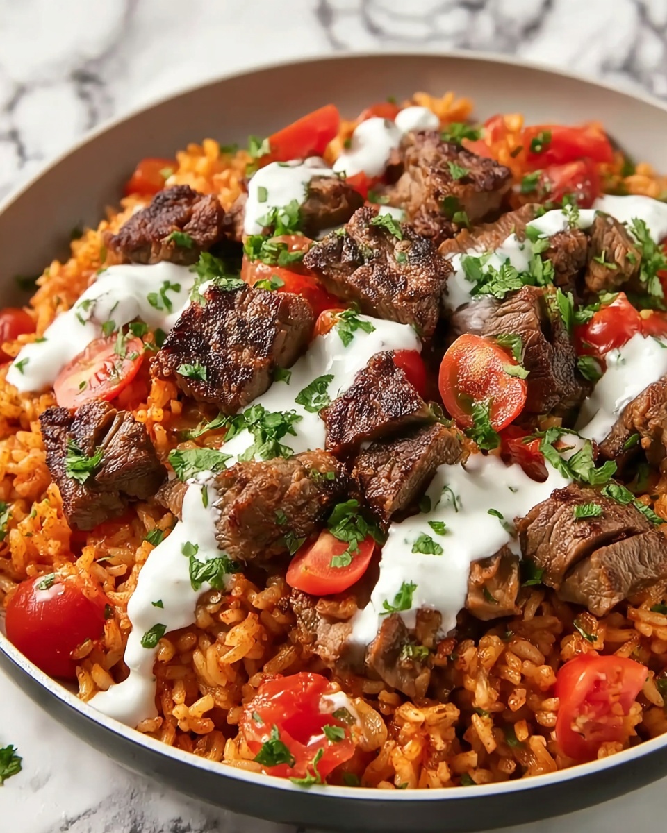 Creamy Queso Rice with Juicy Steak Strips Recipe - Recipe Image