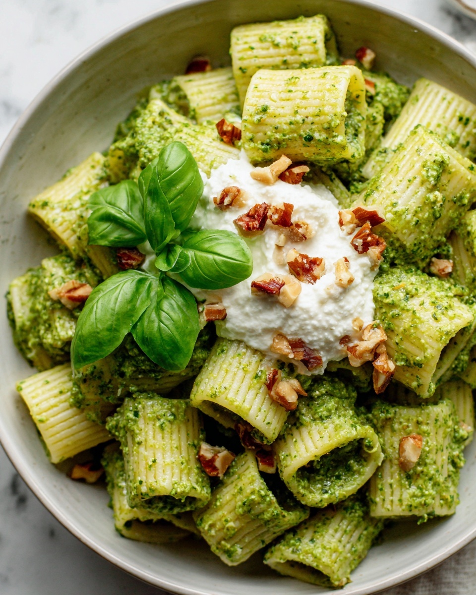 Creamy One Pot Rigatoni with Basil-Pistachio Pesto & Burrata Recipe - Recipe Image